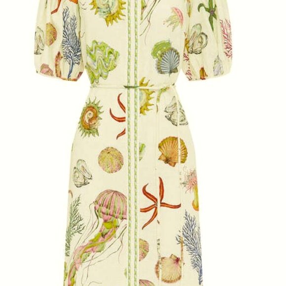 BOHEMIAN L SEALIFE PRINT FAIRY DRESS. PUFF SLEEVE MIDWAIST STANDING COLLAR MIDI - Picture 9 of 9